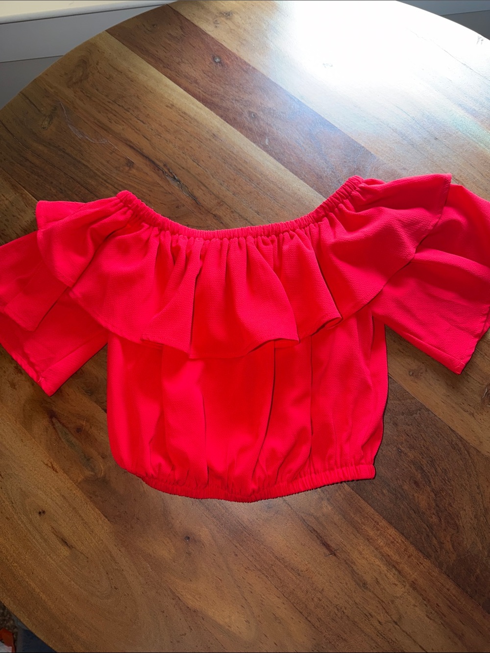 She + Sky Off-Shoulder Ruffle Crop Top in Bright Coral